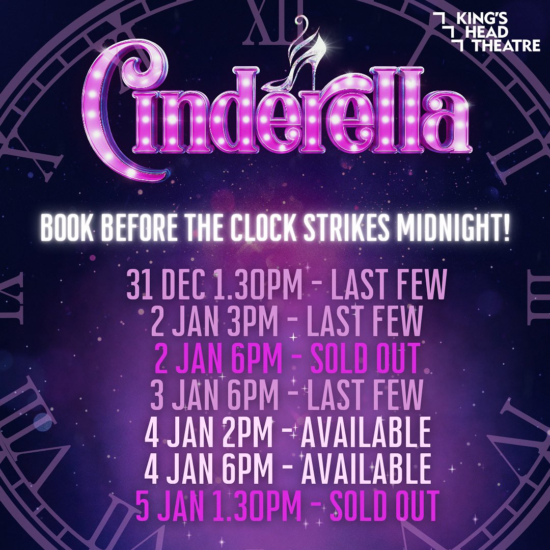 Last chance to see Cinderella! 🕚✨

Been planning a trip to Pantoland for this five-star family adventure? 

You’ve got less than a week left to join us here at the King’s Head before the clock strikes midnight and the ball is over - don’t miss out! 🪩

kingsheadtheatre.com/whats-on/cinde…
