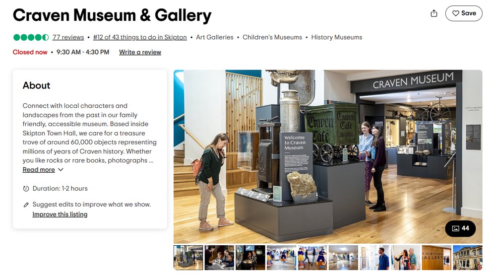 Rate us on Tripadvisor! We would love to know all about your visit with us.

What's your favourite object in the Museum? How did you discover us? Did you feel welcome and comfortable in our space? 

We want to know it all!
tripadvisor.co.uk

#WelcomeToSkipton
#VisitSkipton