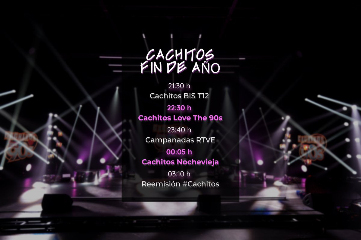 La noche del 31🍾 es de <a href="/cachitos_tve/">Cachitos</a> 💅🏼

🔂21:25 h Lo mejor de la T12 con CachitosBis 

🎊22:30 h La gala de Nochevieja #CachitosLoveThe90s

🍇00:05 h Tres horas de música y rótulos con #CachitosNochevieja

🔂3:10 h Reemisión de los mejores programas de #Cachitos 

En <a href="/la2_tve/">La 2</a>