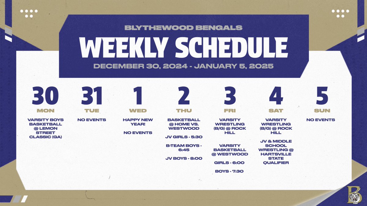 No school means you have time to check out our Bengals in action this week!

Happy New Year!