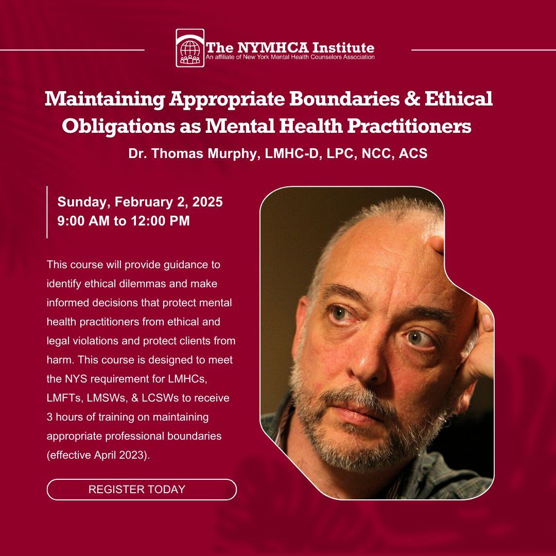 🛑 Set your boundaries, ethically! 

Join Dr. Thomas Murphy on Sunday, February 2, 2025, from 9:00 AM to 12:00 PM for a transformative workshop on maintaining professional boundaries as mental health practitioners.

buff.ly/3BFkqKv