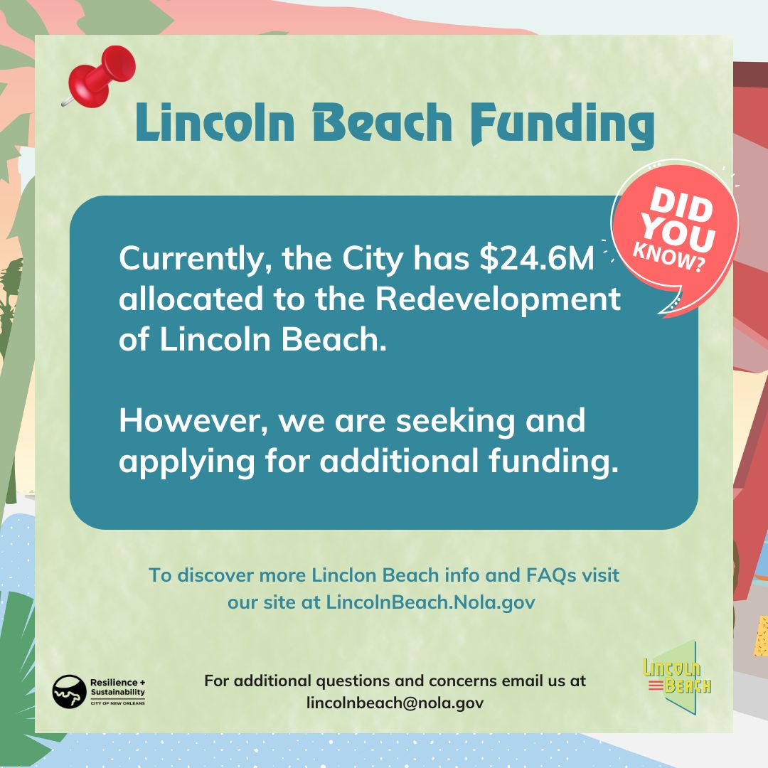 Curious about the funding for Lincoln Beach? Visit LincolnBeach.Nola.gov for public presentations and more details. Stay tuned for exciting updates in 2025! 🌟

#LincolnBeach #Redevelopment #NolaBeach #NewOrleansBeach