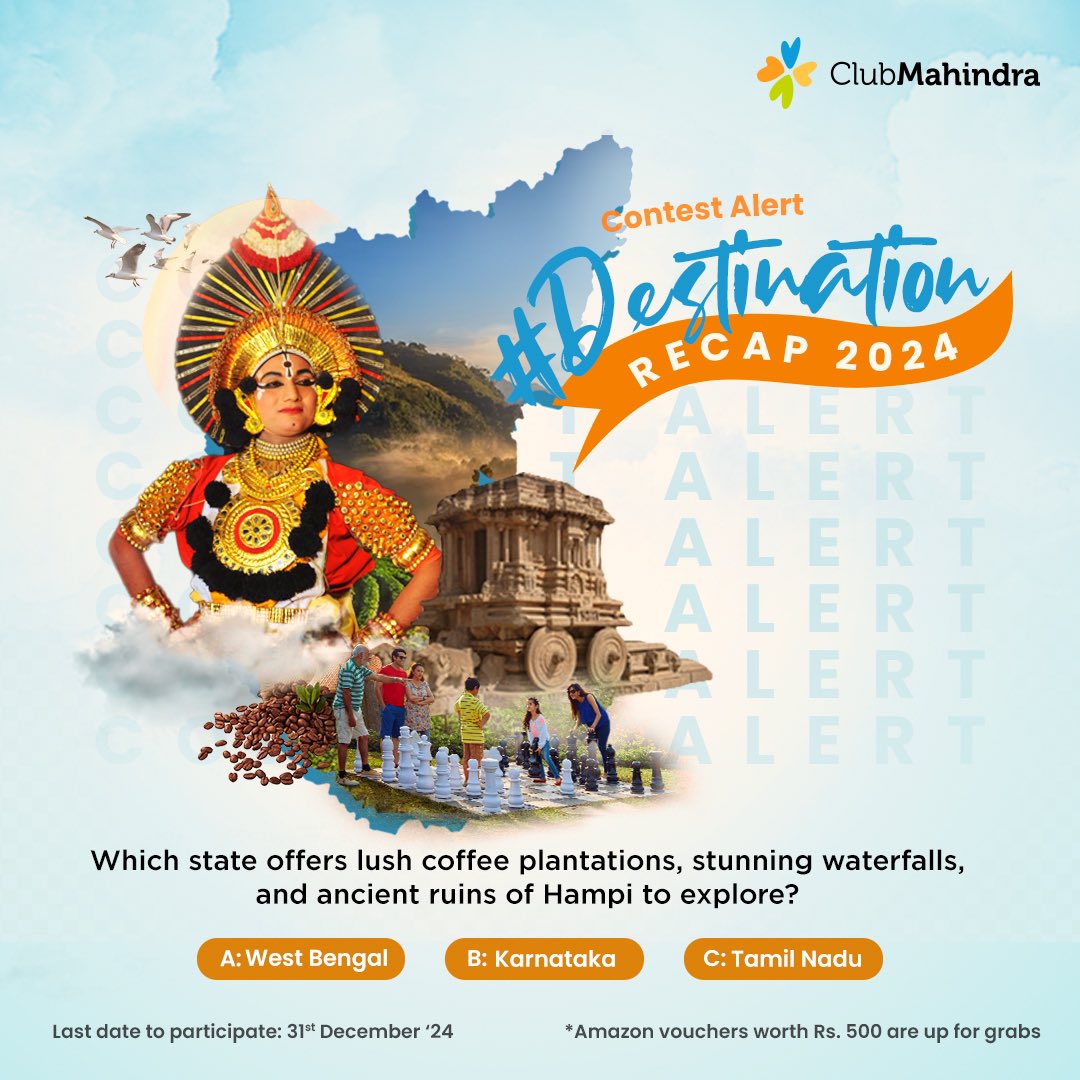 clubmahindra's tweet photo. #ContestAlert 5 of 6

Participate in all #DestinationRecap2024

STEPS

1) Commenting using #DestinationRecap2024 &amp; tagging 4 friends &amp; @clubmahindra is mandatory.

2) Participate in all 6 contest posts. Winners get Amazon vouchers worth INR 500 each https://t.co/2meG1m9WPR
