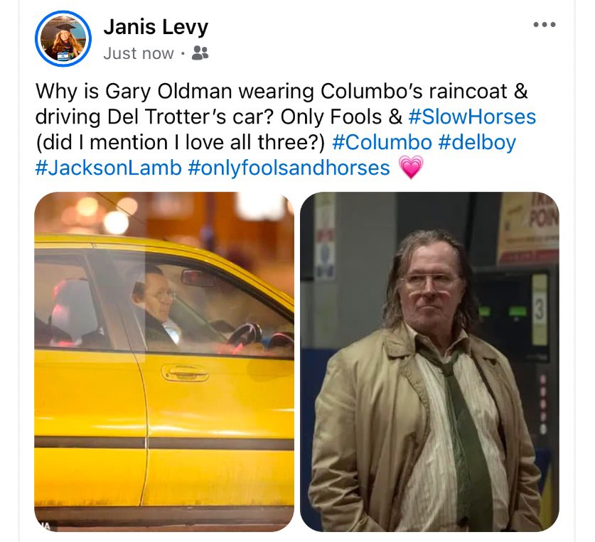 Why is Gary Oldman wearing Columbo’s raincoat &amp; driving Del Trotter’s car? Only Fools &amp; #SlowHorses (Did I mention I love all three?) 💗<a href="/AppleTV/">Apple TV</a>  <a href="/UniStudios/">Universal Studios Hollywood</a> #columbo #onlyfoolsandhorses #garyoldman #peterfalk #davidjason