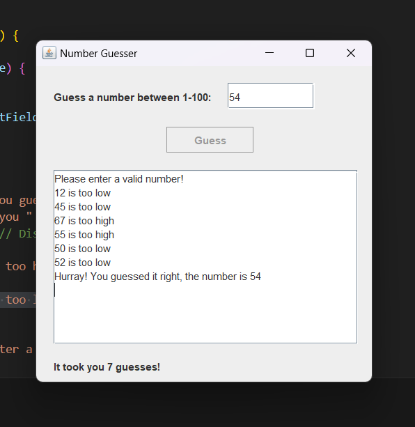 Griffinxzoro's tweet photo. Hey @nexovates!
Day 2️⃣ of sharing my learnings!
Got my first task from #InternPe: Build a Number Guesser using Java. I spiced it up with a GUI using Java Swing—such a fun way to dive into coding! 💻
Excited for what’s next. 🚀
#100DaysOfCode #Java #CodingJourney #TechTwitter https://t.co/gSDdxVBgGQ