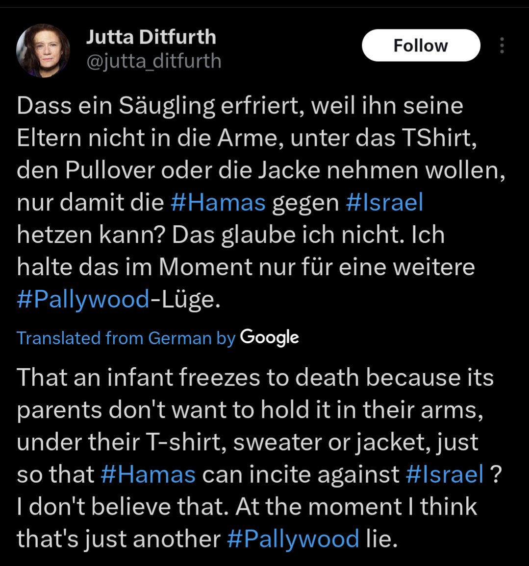 Ruairi_Casey's tweet photo. Took a few days away from German discourse and and have returned to find public figures debating the exact temperature at which a Palestinian baby could freeze to death. Or just denying any froze to death at all. https://t.co/TTjUKsHQO6