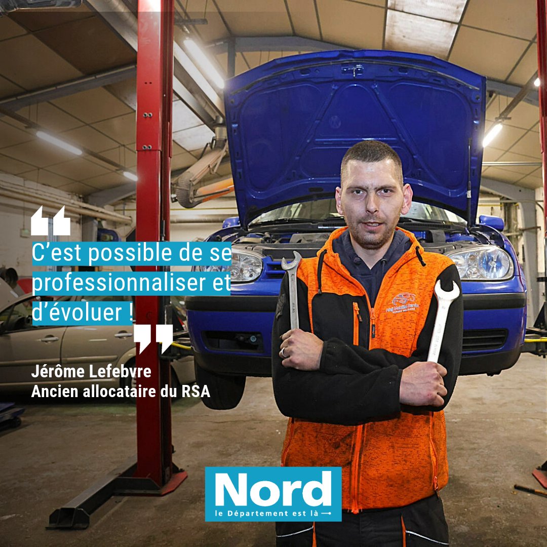 departement59's tweet photo. 🚗 En 4 ans seulement, Jérôme est passé du statut d’allocataire du RSA à responsable d’équipe d’un garage solidaire à Coudekerque-Branche. 

Découvrez son interview et le virage d’un homme qui prend sa vie en main 👇
https://t.co/JcTjWbHUnj https://t.co/0k5tiFrRd8
