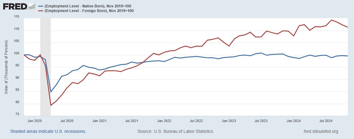 econalpha's tweet image. The employment level of native-born US workers is lower today than five years ago (11/2019 - 11/2024).  The employment level of foreign-born workers in the US has increased over 11% during the same time.  fred.stlouisfed.org/graph/?g=1Cw9D