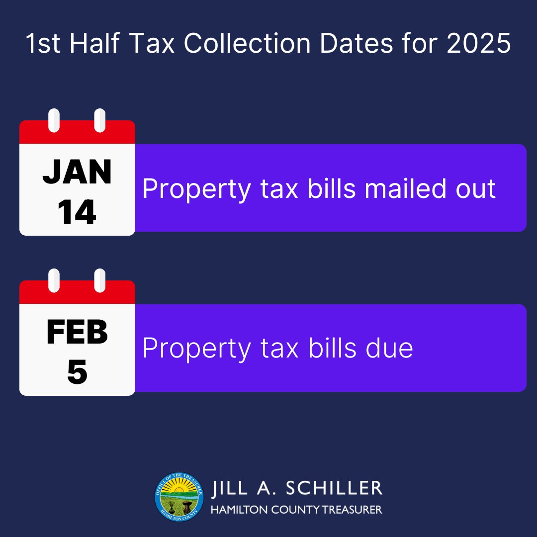 Jill A. Schiller, Hamilton County Treasurer (@hamcotreasurer) on Twitter photo First half tax bills will be mailed out on January 14th and will be due on February 5th.
If you have any questions or need assistance, contact our office at county.treasurer@hamilton-co.org or (513) 946-4800. First half tax bills will be mailed out on January 14th and will be due on February 5th.
If you have any questions or need assistance, contact our office at county.treasurer@hamilton-co.org or (513) 946-4800.