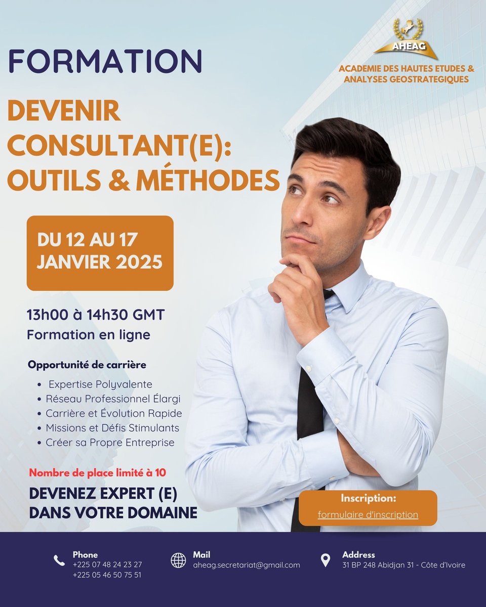Démarrez votre carrière de consultant avec notre formation "Devenir consultant(e) : Outils et méthodes" !  Lien d'inscription (lnkd.in/eCbgvp_V).
#AHEAG #Consultance #Expert #Developpement #Analyse