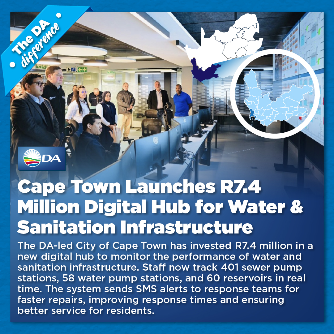 Our_DA's tweet photo. 💧The DA-led City of Cape Town has invested R7.4 million in a new digital hub to monitor the performance of water and sanitation infrastructure.

The system aims to promote faster repairs, improve response times and ensure better service for residents. https://t.co/slpk5ugWIV