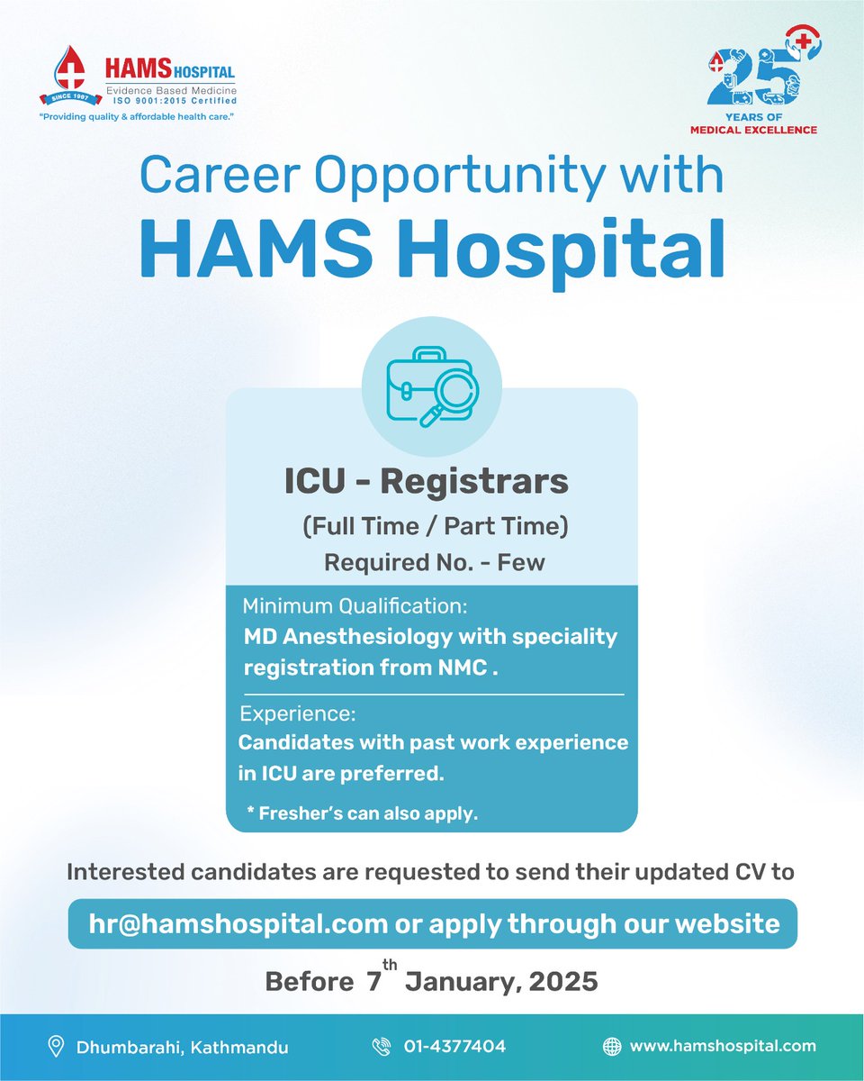 HAMS Hospital (@hamshospital) on Twitter photo "๐๐๐๐๐๐๐ ๐๐๐๐๐๐๐๐๐๐๐๐"
๐๐ฑ๐๐ข๐ญ๐ข๐ง๐ ๐๐๐ซ๐๐๐ซ ๐จ๐ฉ๐ฉ๐จ๐ซ๐ญ๐ฎ๐ง๐ข๐ญ๐ฒ ๐ฐ๐ข๐ญ๐ก ๐๐๐๐ ๐๐จ๐ฌ๐ฉ๐ข๐ญ๐๐ฅ.
#vacancy #vacancyannouncement
#registrar #icuregistrar #ICUteam
#HAMSHospital #Trusted_and_Advanced
#ProvidingQualityAndAffordableHealthcare "๐๐๐๐๐๐๐ ๐๐๐๐๐๐๐๐๐๐๐๐"
๐๐ฑ๐๐ข๐ญ๐ข๐ง๐ ๐๐๐ซ๐๐๐ซ ๐จ๐ฉ๐ฉ๐จ๐ซ๐ญ๐ฎ๐ง๐ข๐ญ๐ฒ ๐ฐ๐ข๐ญ๐ก ๐๐๐๐ ๐๐จ๐ฌ๐ฉ๐ข๐ญ๐๐ฅ.
#vacancy #vacancyannouncement
#registrar #icuregistrar #ICUteam
#HAMSHospital #Trusted_and_Advanced
#ProvidingQualityAndAffordableHealthcare