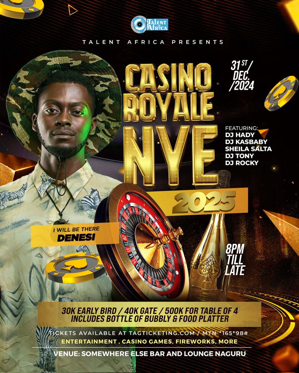 Talent Africa Group (@talentafrica) on Twitter photo Guess who’s ready to light up the #CasinoRoyaleNYE party?
<a href="/hellenlukoma/">hellen lukoma</a>, <a href="/TheMithMusic/">THE MITH🇺🇬🔥</a>, <a href="/BruceDickson_/">Bruce Dickson</a>, <a href="/Denesi__/">Denesi</a>, & more are rolling in for a night of epic performances, casino games, & fireworks!
🎟 Early Bird: 30K Gate: 40K Tables: 500K on tagticketing.com
#Tagevents Guess who’s ready to light up the #CasinoRoyaleNYE party?
<a href="/hellenlukoma/">hellen lukoma</a>, <a href="/TheMithMusic/">THE MITH🇺🇬🔥</a>, <a href="/BruceDickson_/">Bruce Dickson</a>, <a href="/Denesi__/">Denesi</a>, & more are rolling in for a night of epic performances, casino games, & fireworks!
🎟 Early Bird: 30K Gate: 40K Tables: 500K on tagticketing.com
#Tagevents