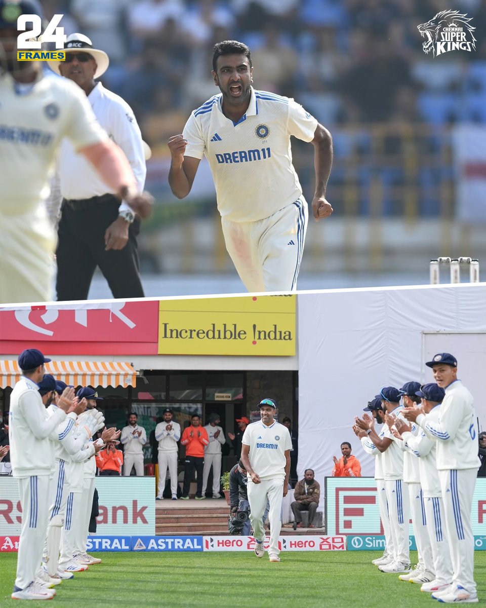 ChennaiIPL's tweet photo. 5️⃣0️⃣0️⃣ test wickets and 1️⃣1️⃣ Player of the Series milestones before Ashwin took his final bow! 🫡

2024 was Ash’s year to remember! ✨

#24Frames #WhistlePodu 🦁💛 
@ashwinravi99 https://t.co/ZEVXg4jd6j