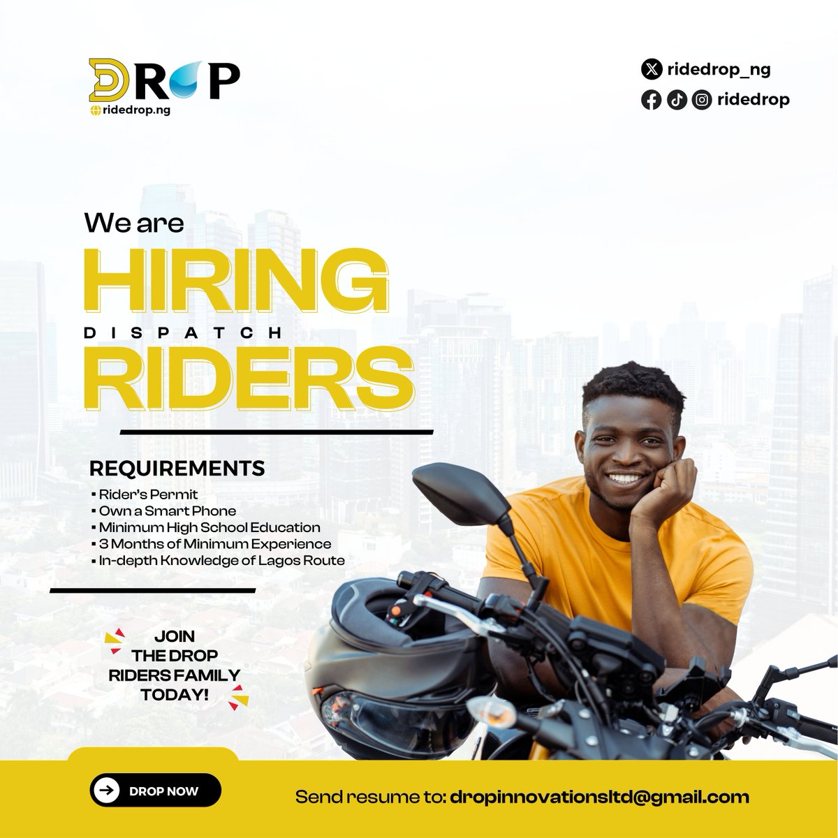 ridedrop_ng's tweet photo. Become a member of the Drop Family!
Send your resume to: 
dropinnovationsltd@gmail.com

#Ridedrop #Hiring #DispatchRider 
#Vacancy #2025 https://t.co/rPrSyRT5pD