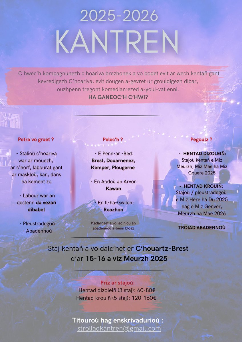 C'hoant ho peus ober c'hoariva e brezhoneg ? Setu un avantur c'hoariva graet evidoc'h !
---------
Vous avez envie de faire du théâtre en breton ? Cette aventure est faite pour vous !

Evit kaout titouroù / Renseignements :
strolladkantren@gmail.com