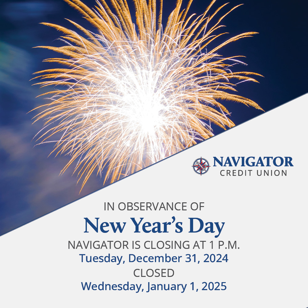 NavigatorCU's tweet image. All Navigator Branches will close at 1 p.m. on Tuesday, Dec. 31, and closed Wednesday, Jan. 1, in observance of New Year&apos;s Day. Regular hours resume Thursday, Jan. 2.