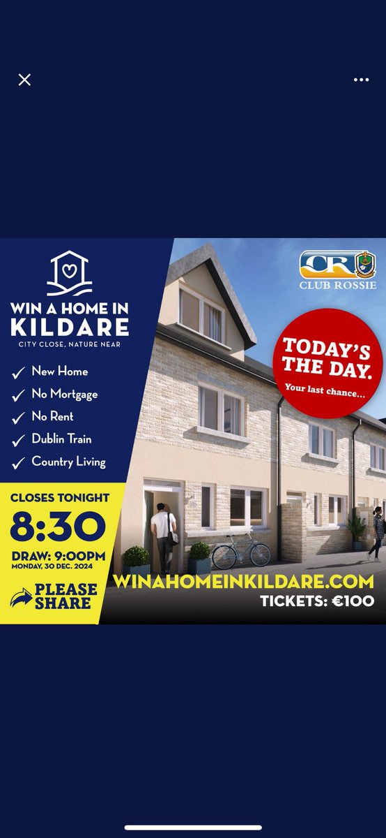 Today’s the last day to buy your ticket for the Win A Home in Kildare. 

The perfect way to start your New Year with brand new house in Kildare 🏠 

Buy your tickets 

winahomeinkildare.com