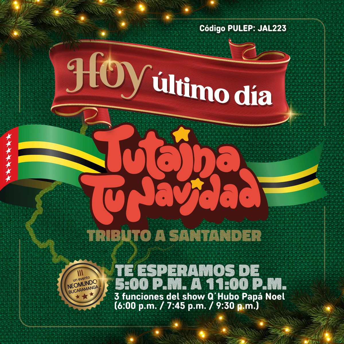 vanguardiacom's tweet image. ¡𝗘𝗹 𝘁𝗶𝗲𝗺𝗽𝗼 𝘀𝗲 𝗮𝗴𝗼𝘁𝗮! ⏳🎄 𝗛𝗼𝘆 𝗲𝘀 𝘁𝘂 ú𝗹𝘁𝗶𝗺𝗮 𝗼𝗽𝗼𝗿𝘁𝘂𝗻𝗶𝗱𝗮𝗱 𝗽𝗮𝗿𝗮 𝘀𝘂𝗺𝗲𝗿𝗴𝗶𝗿𝘁𝗲 𝗲𝗻 𝗹𝗮 𝗺𝗮𝗴𝗶𝗮 𝗱𝗲 𝗹𝗮 𝗡𝗮𝘃𝗶𝗱𝗮𝗱 𝗲𝗻 @NEOMUNDOBGA . 🎄

#TutainaTuNavidad #Neomundo #TributoASantander #Bucaramanga