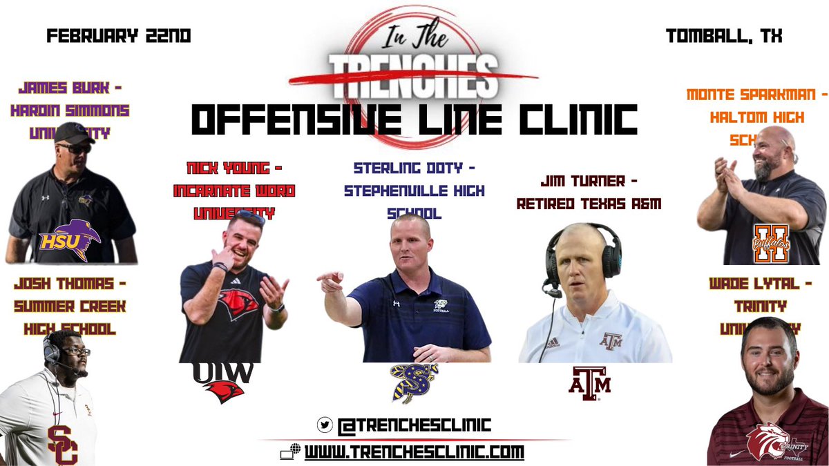 🚨SPEAKER ANNOUNCEMENT🚨

<a href="/CoachJBurk/">James Burk</a> <a href="/CoachNYoung/">Nick Young</a> <a href="/CoachJThomas79/">Josh Thomas</a> <a href="/CoachDoty_SHS/">Sterling Doty</a> <a href="/JimTurner_OL/">Jim Turner / JT’S O-LINE LLC</a> <a href="/MonteSparkman/">Monte Sparkman</a> <a href="/CoachLytal/">TUFB Coach_Lytal</a> 

2025 <a href="/TrenchesClinic/">In The Trenches O-Line Clinic</a> 
🗓️Saturday Feb. 22nd
®️Register Now: trenchesclinic.com
💥No Fluff, All Business

<a href="/THSCAcoaches/">THSCA</a> <a href="/ghfcahouston/">GHFCA Houston</a> <a href="/Matt_Stepp817/">Matt Stepp</a>