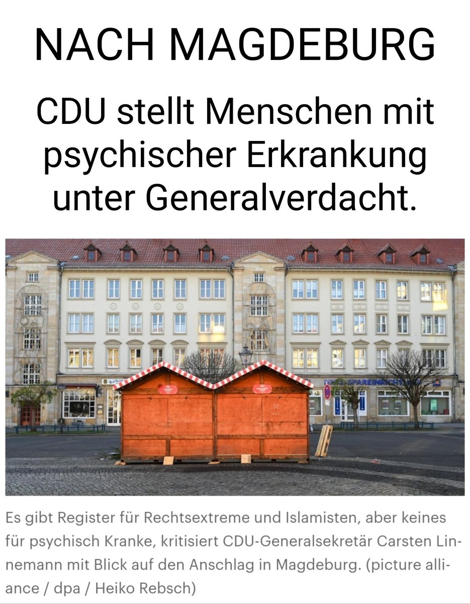 Widerwärtiger Wahlkampf der #Merz-#CDU

Was man nicht alles macht, um nicht über die eigenen Fehler reden zu müssen...
Nach #Magdeburg stellt der #CDU-Generalsek. #Linnemann Menschen mit psychischer Erkrankung mit Rechtsextremen und Islamisten gleich und will ein Zentralregister.