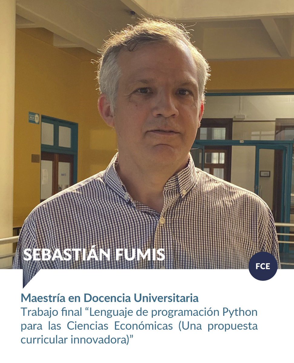 🎓¡FELICITACIONES SEBASTIÁN!
Sebastián Fumis <a href="/sfumis/">Sebastián Fumis</a> finalizó la Maestría en Docencia Universitaria en la <a href="/FhucUnl/">FHUC_UNL</a> de la @unlitoral_. 

Su trabajo final se tituló “Lenguaje de programación Python para las Ciencias Económicas (Una propuesta curricular innovadora)”