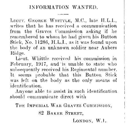 Interesting little snippet found in a 1920s edition of the HLI Chronicle. There is no-one from the Highland Light Infantry with that number commemorated by <a href="/CWGC/">Commonwealth War Graves</a> , wonder if they ever identified this casualty?