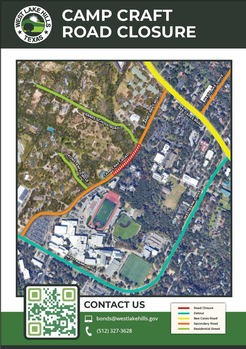🚧 Camp Craft Rd will be closed Feb. 1–Aug. 1, 2025, for upgrades. Join the Community Open House on Jan. 9, 2025, 6-8 PM, @ Westlake High (4100 Westbank Dr) to ask questions &amp; see detour plans. Plan ahead! #WestLakeHillsTX #RoadConstruction