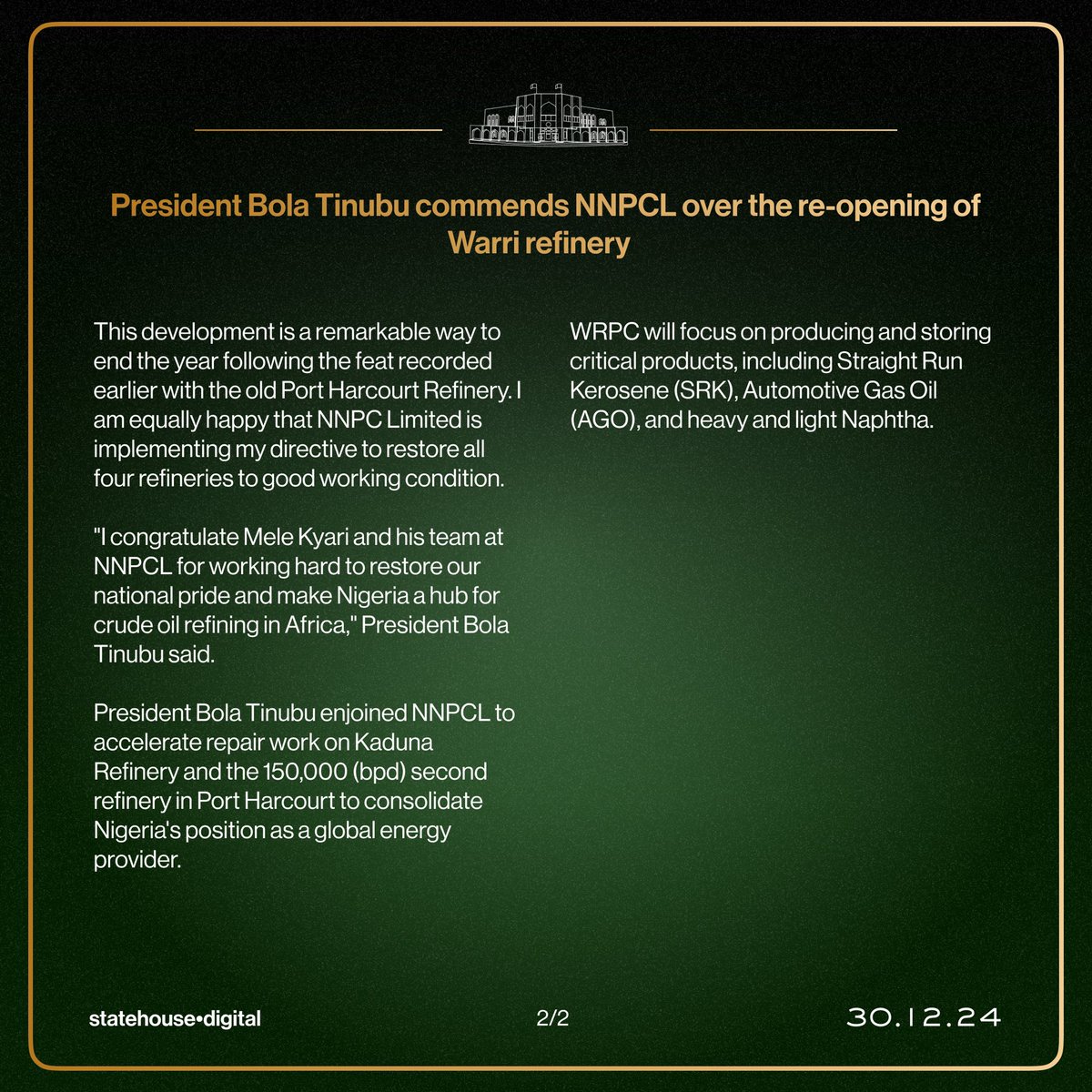 President Bola Tinubu commends NNPCL over the re-opening of Warri refinery