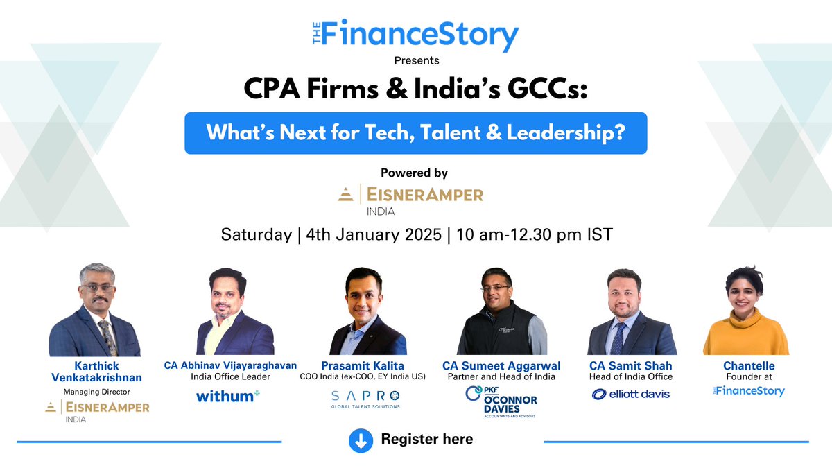 📷 The Finance Story and EisnerAmper India bring to you: CPA Firms &amp; GCCs in India: Tech, Talent, Hiring &amp; Leadership in 2025.

Join our interactive panel discussion with *leaders of CPA firms in* India: linkedin.com/.../7279459245…
  
#CPAFirms #GCCs #charteredaccountants