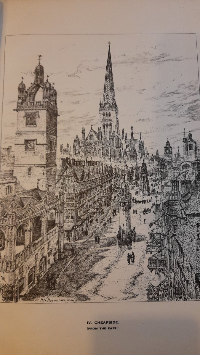 Hellyers's tweet image. #Cheapside looking up towards Old St Paul's. 

Old St Paul's had a central wooden spire much like Notre Dame in Paris at that time before it was destroyed in the Great Fire of London.