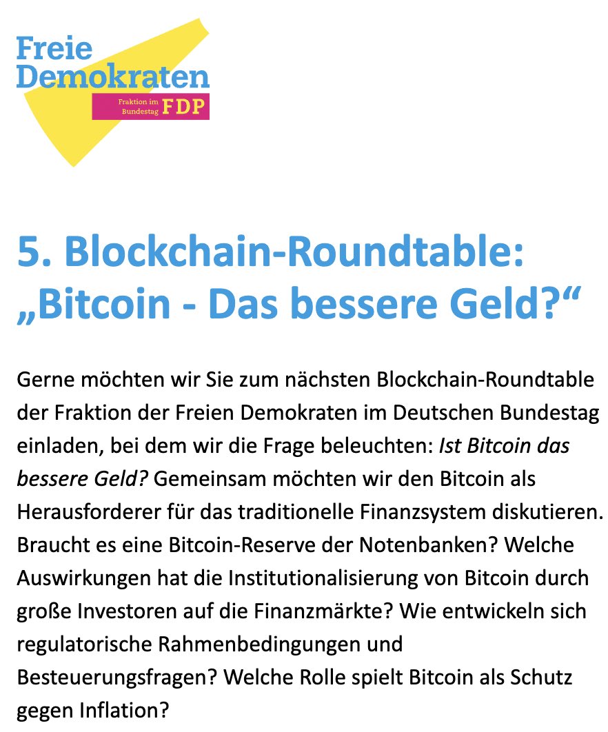 Am 10. Januar findet der 5. Blockchain-Roundtable - organisiert von  @f_schaeffler (@fdp) - statt. Wir freuen uns sehr, dass diesmal Bitcoin das  Thema ist und mit @Justdoitalex und @marcfriedrich7 zwei Mitglieder des