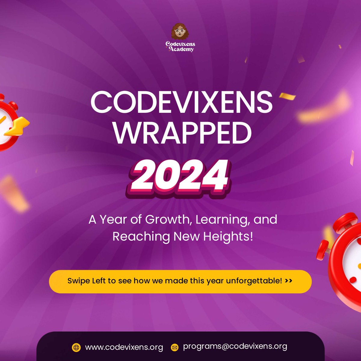 Codevixens's tweet image. Codevixens Wrapped 2024 💜

2024 was our year! A year of bold moves, unforgettable milestones, and staying true to what we do best -&quot;empowering people through tech education&quot;.

We achieved so much this year, and we’re super pumped to share them with you all! Swipe through to see…