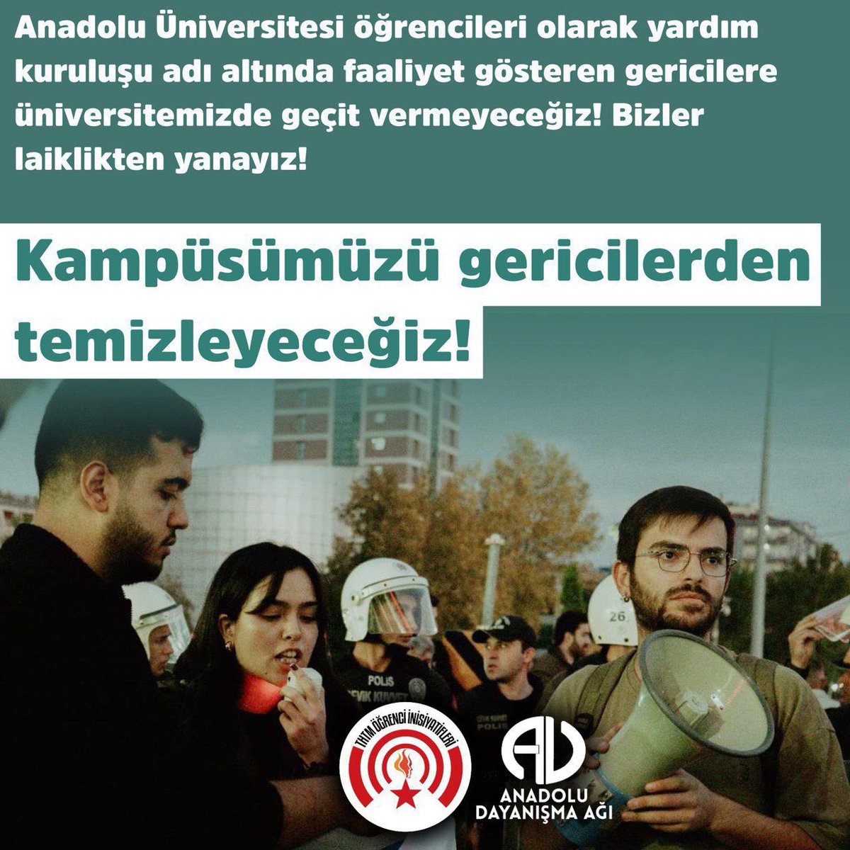 Anadolu Üniversitesi öğrencileri olarak yardım kuruluşu adı altında faaliyet gösteren gericilere üniversitemizde geçit vermeyeceğiz!