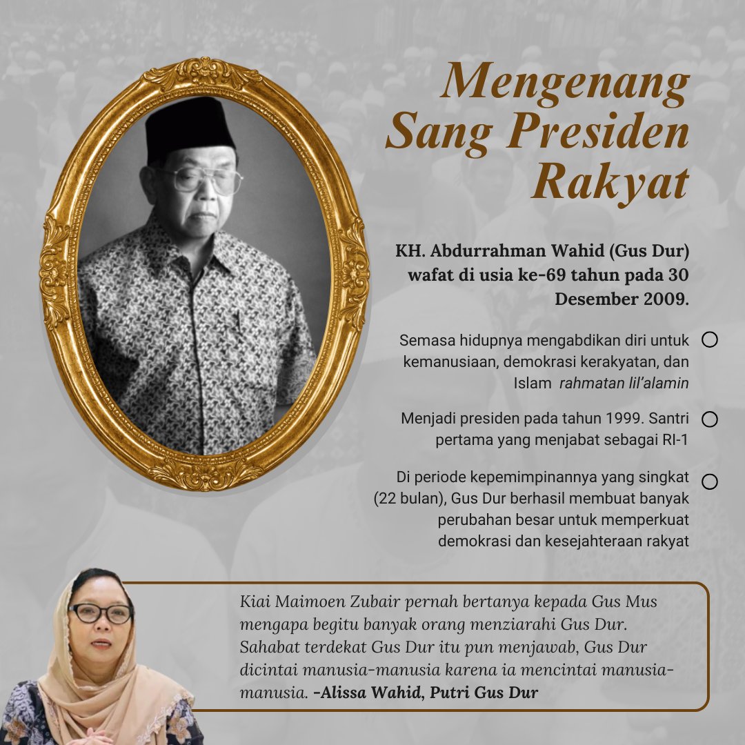 "Kiai Maimoen Zubair pernah bertanya kepada Gus Mus mengapa begitu banyak orang menziarahi Gus Dur. Sahabat terdekat Gus Dur itu pun menjawab, Gus Dur dicintai manusia-manusia karena ia mencintai manusia-manusia."

<a href="/AlissaWahid/">Alissa Wahid</a>

#15TahunGD
#HaulGusDur