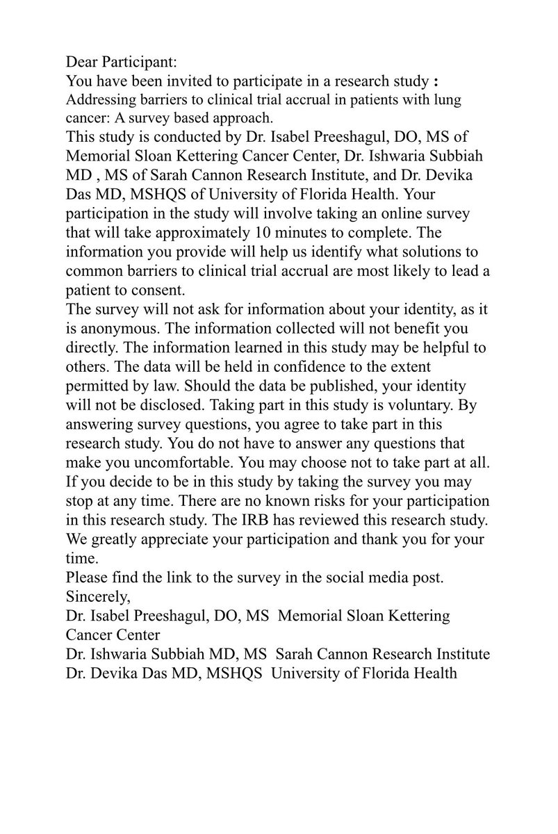 Isabel Preeshagul (@ipreeshagul) on Twitter photo ‼️📣 Calling ALL patients with Lung Cancer📣 ‼️
Your candid opinions will help guide the future!
I am conducting with <a href="/IshwariaMD/">Ishwaria Subbiah, MD MS FASCO</a> <a href="/DevikaDasMD/">Devika Das, MD, MSHQS</a> a de- identified survey addressing barriers to clinical trial accrual.
SURVEY LINK and Preamble BELOW 👇🏽
surveymonkey.com/r/37P79WB ‼️📣 Calling ALL patients with Lung Cancer📣 ‼️
Your candid opinions will help guide the future!
I am conducting with <a href="/IshwariaMD/">Ishwaria Subbiah, MD MS FASCO</a> <a href="/DevikaDasMD/">Devika Das, MD, MSHQS</a> a de- identified survey addressing barriers to clinical trial accrual.
SURVEY LINK and Preamble BELOW 👇🏽
surveymonkey.com/r/37P79WB