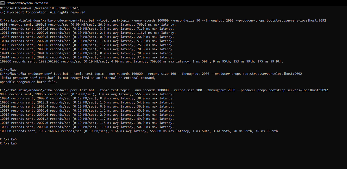 prathakpr_'s tweet photo. @RonnyBruknapp I tested with the default 9092 broker and different configs after address conflicts with other brokers. Shared some SS, but didn’t notice much diff. Changing threads showed a 4ms avg latency diff. I’ll try partitioning and explore more settings for better results soon. https://t.co/espsgr1L4D