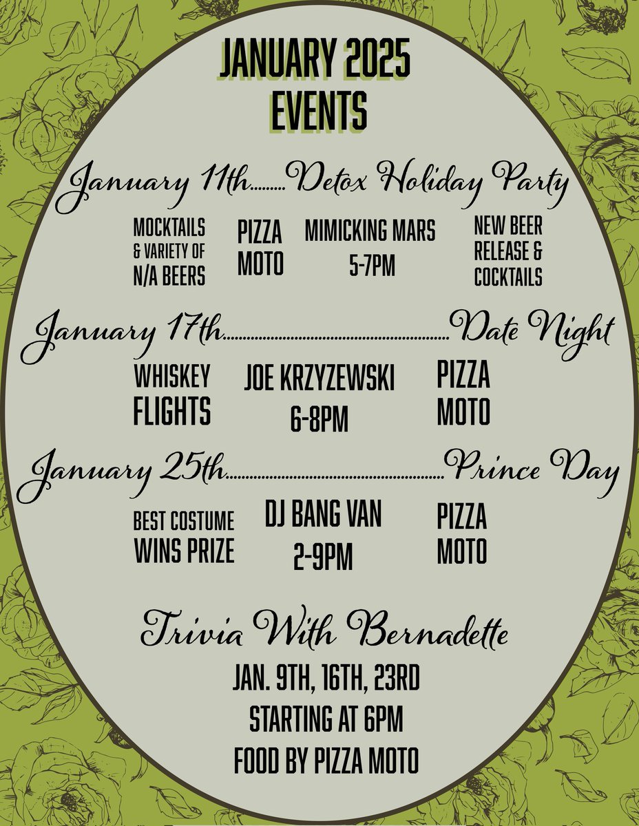 Hey, hey! 

We're open today 12-8pm and every day until Sunday!

Then, our January keeps rolling with really fun events. We have everything from trivia to dressing like the iconic Prince ! We'll keep laughing and help you get through the cold, dark winter 🥶.

#rushingduck