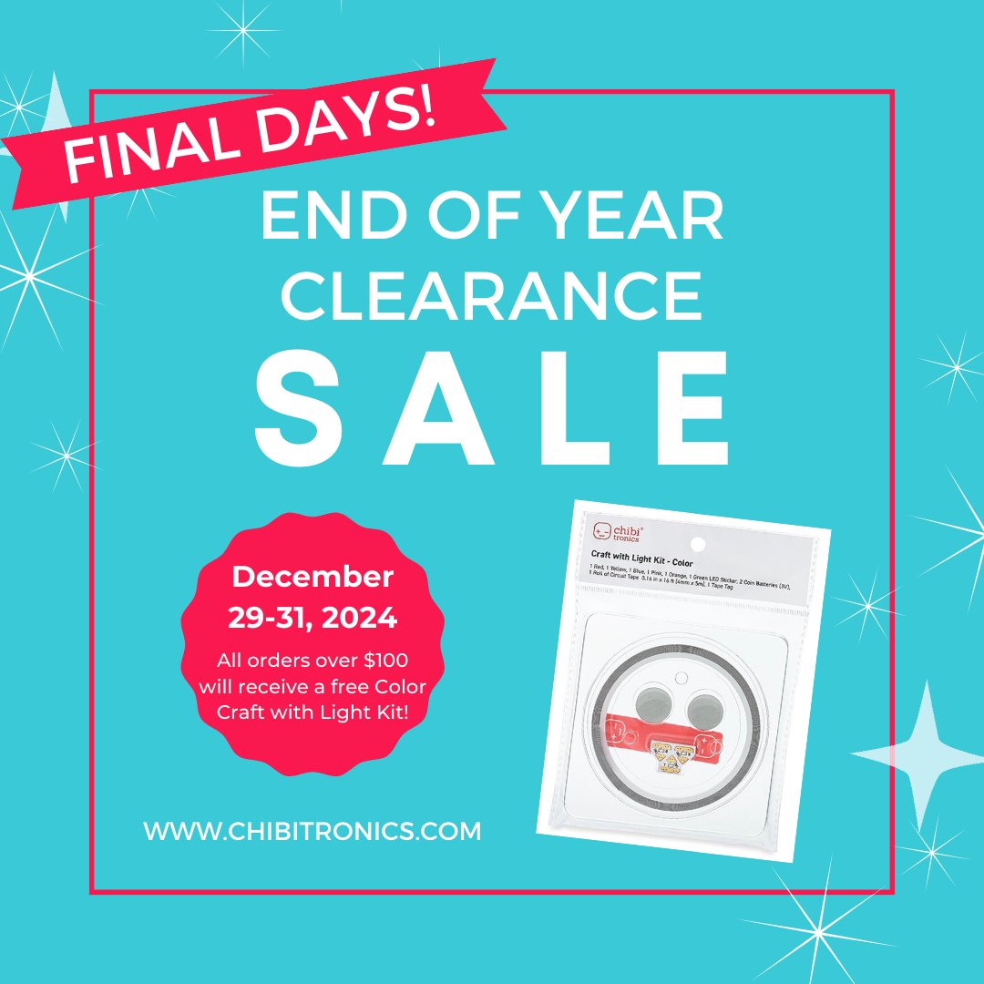 chibitronics's tweet image. 🎁Free Gift! 🎁Between Dec 29-31, 2024, all purchases over $100 (not including shipping) are eligible to receive a free Craft with Light Kit- Color (a retail value of $20)!  Simply add it to your cart at check-out!

 #chibitronics #papercircuit #craftwithlight