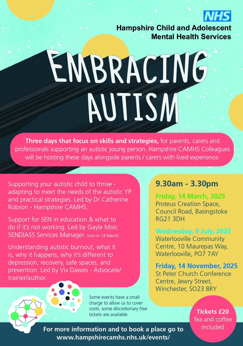 AUTISM Do U UNDERSTAND? Would U like 2 know MORE ? <a href="/HANTS_CAMHS/">Hampshire CAMHS</a> HAVE 3 events running this year across the County First   March 14th BASINGSTOKE 👇PLEASE SHARE WIDELY
<a href="/SHFT_transforms/">Southern Health Quality Improvement Programme</a> <a href="/SolentMind/">Solent Mind</a> <a href="/HIOWH_NHSFT/">Hampshire and IOW Healthcare NHS Foundation Trust</a> <a href="/HIOW_ICS/">NHS Hampshire and Isle of Wight</a> <a href="/HampshireAutism/">AutismHampshire</a> <a href="/BRAAINtweets/">BRAAIN</a> <a href="/HampshirePCN/">HPCN</a> <a href="/HantsChildren/">Fostering Service - Hampshire County Council</a>