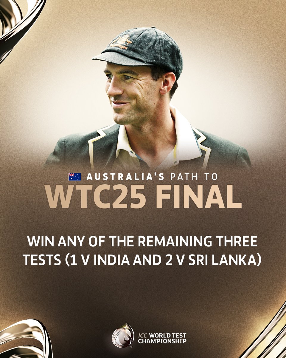 ICC's tweet photo. What lies ahead for the 3️⃣ remaining contestants in the race to face the Proteas in the #WTC25 Final 👊

More ➡️ https://t.co/01EI6VN2mj https://t.co/EAha4tANhk