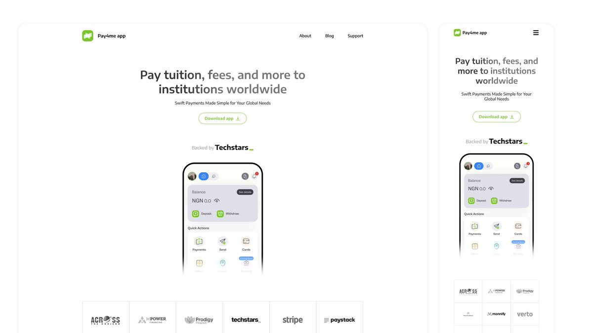 SOOFTOLA's tweet photo. @SundayPaulAdah @Pay4meapp Here's my submission for this challenge- @SundayPaulAdah
 
Coming up with something unique and simplified within a short period was really challenging 👌.

Design link - https://t.co/rZ3ER4vjbf

Works for both desktop and mobile ✨️🍃... there's also for  large screens 😊. https://t.co/OhojVS3lpW
