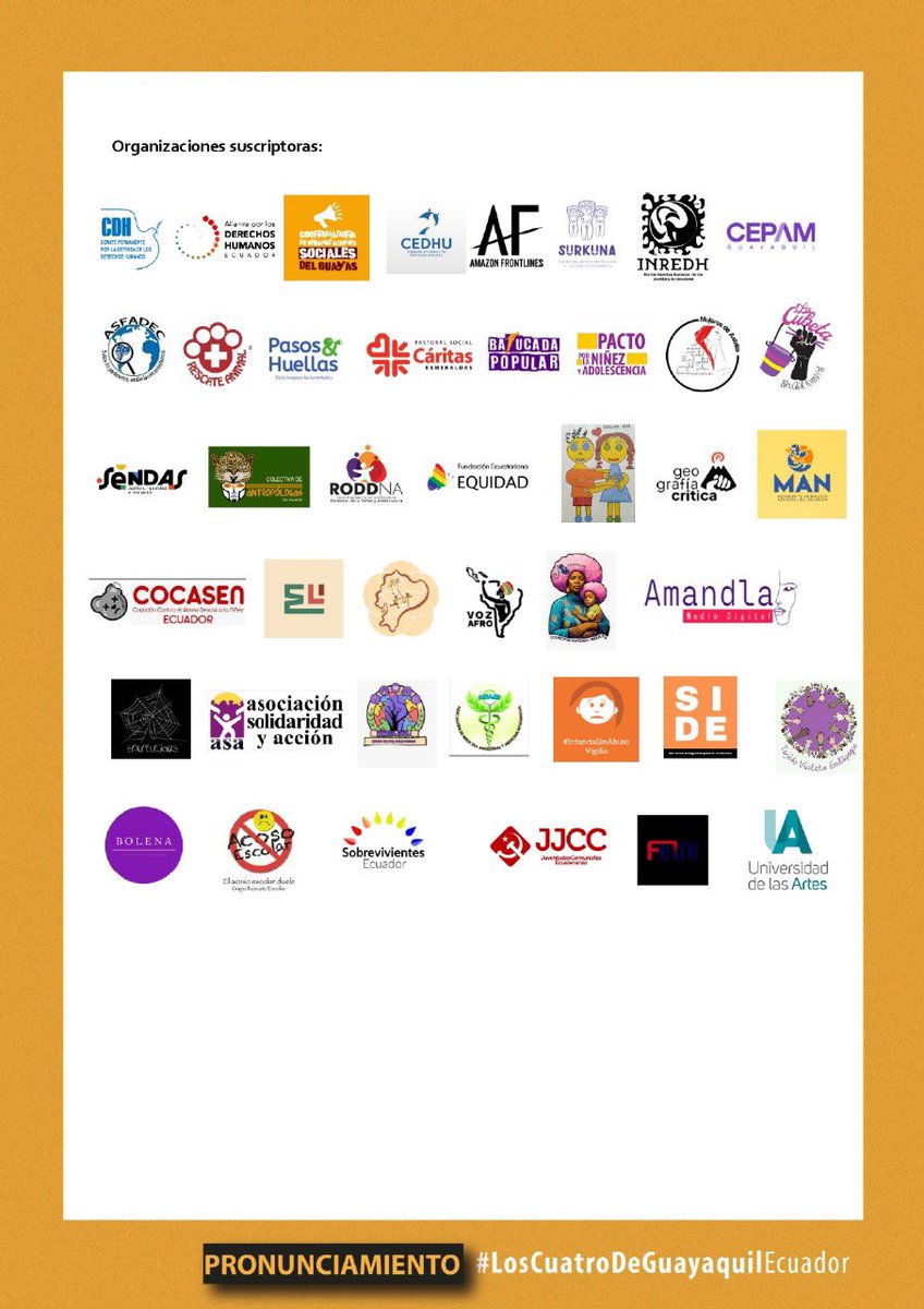 🔴PRONUNCIAMIENTO | Denunciamos la #DesaparicionForzada de #LosCuatroDeGuayaquilEcuador 
Exigimos justicia, verdad y reparación. Responsabilizamos a las autoridades por las acciones y omisiones que han profundizado esta crisis.

📄 bit.ly/Pronunciamient…

#JusticiaParaLosNiños