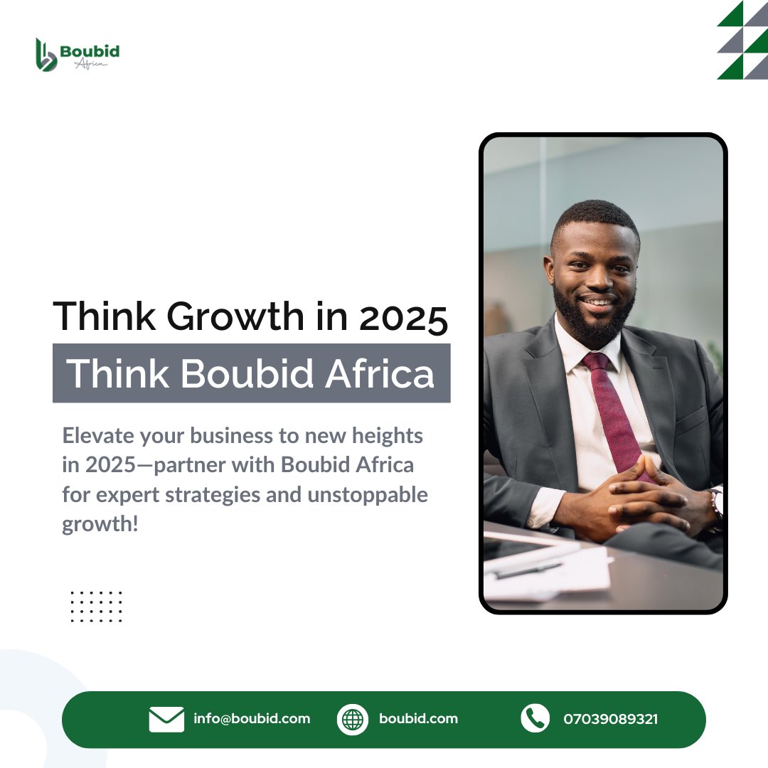 BoubidAfrica's tweet image. Elevate your business to new heights in 2025-partner with Boubid Africa for expert strategies and unstoppable growth! 

Send us an email on info@boubid.com and let’s help you grow in 2025

#businessgrowth2025 
#businessgrowthstrategy 
#businessgrowthexpert