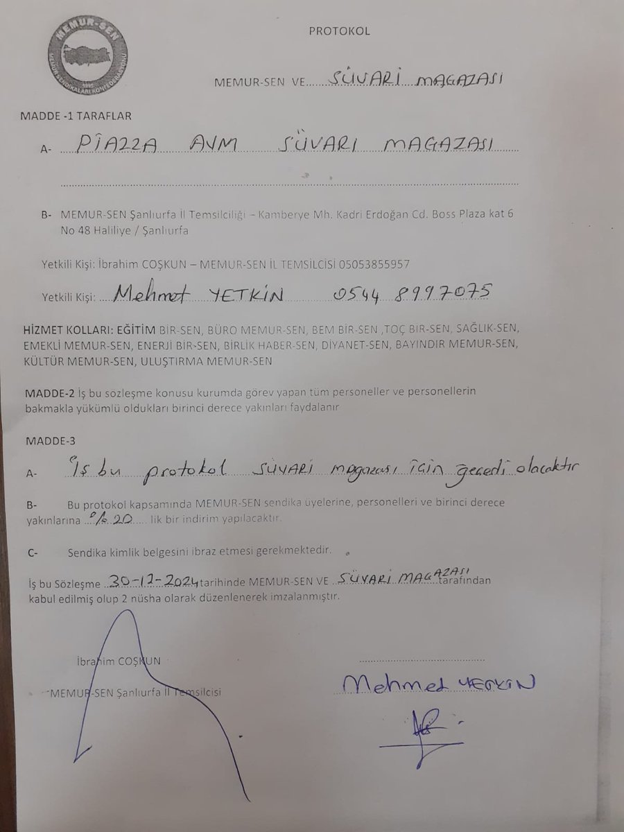 Piazza AVM'de Süvari Mağazası ile Şanlıurfa Memur-Sen ailesi ile %20'lik indirim anlaşması imzaladık.
Tüm üyelerimize hayırlı olsun inşallah.
<a href="/_aliyalcin_/">Ali YALÇIN</a> <a href="/memursenurfa/">Urfa Memur Sen</a> <a href="/ebs1sanliurfa/">EBS Şanlıurfa 1</a>