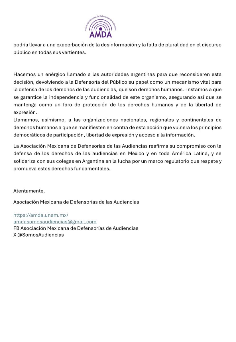 Desde la AMDA manifestamos nuestra preocupación por las medidas del gobierno argentino para minimizar, hasta casi desaparecer, la #DefensoríaDelPúblico <a href="/ATE_DefePublico/">ATE - Defensoría del Público</a>, medida que lesiona los #DerechosDeLasAudiencias #DerechosHumanos 
@soherelsukaria 
@federicosturzeneggerok