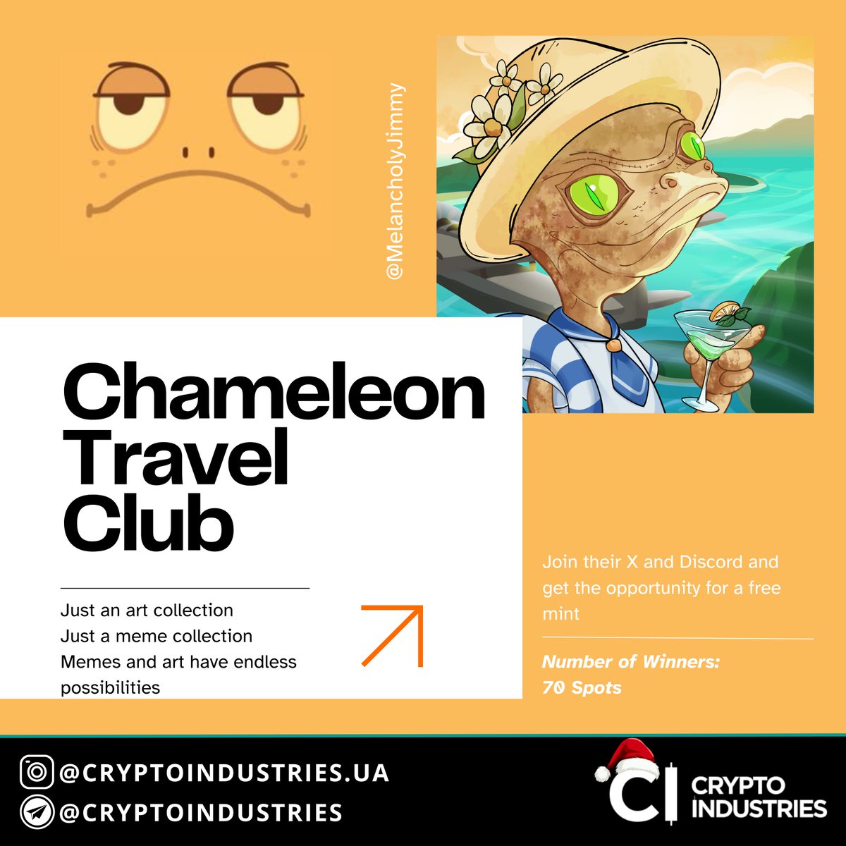 CI_community_ua's tweet photo. MelancholyJimmy is an upcoming NFT collection that combines memes and art, exploring their limitless possibilities🎨✨

The collection will be hosted on the @ethereum  blockchain and feature 10,000 NFTs available for minting.

The most exciting part?🤫70 lucky winners will have the chance to mint for free by completing a few simple steps! 🚀
📌 How to participate:
1️⃣ Go to this link https://t.co/lWqUbG9tLp
2️⃣ Follow @MelancholyJimmy and @ChameleonTravel 
3️⃣ Like and retweet this post https://t.co/EjK1LSURVx

📅 Deadline: January 6, 2025, at 1:00 PM (UTC).
💬 Also, don’t forget to join their Discord: https://t.co/N2uKtCIjlO

Good luck, and may the NFTs be with you! 🤩✨

#Crypto_Industries #NFT #MelancholyJimmy #Ethereum