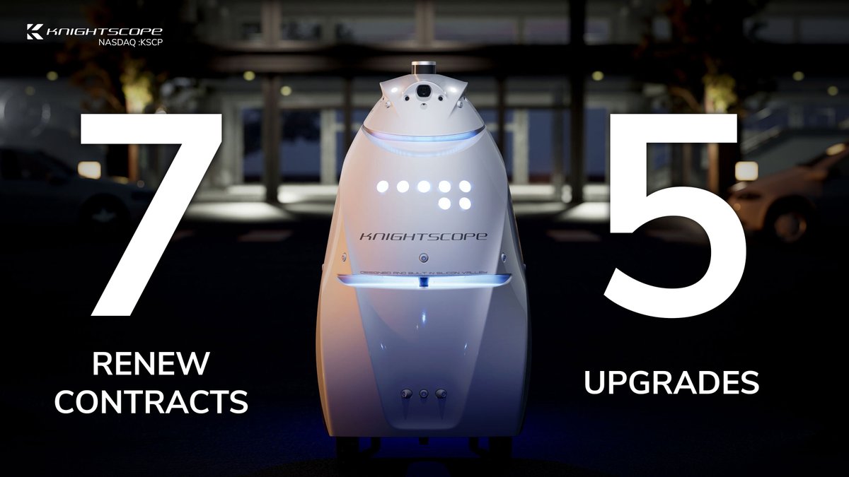 iKnightscope's tweet image. Clients in commercial real estate, healthcare and gaming renew contracts for 6 #SecurityRobots; a school and 2 local government offices renew service contracts for #ephones; and 2 Casinos, a Class-A office complex and a storage facility receive the new, 5th generation K5!
$KSCP
