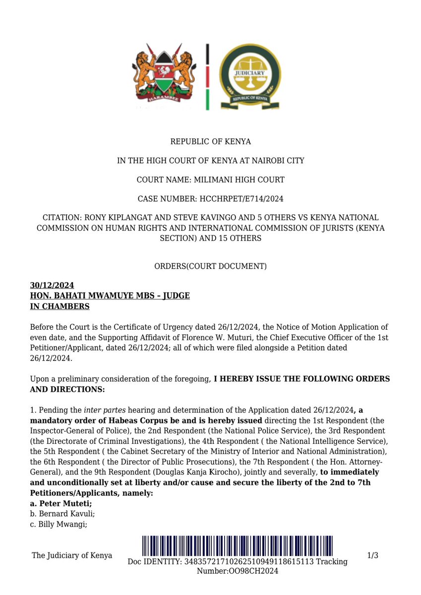 FaithOdhiambo8's tweet photo. The High Court has allowed an application by the @LawSocietyofKe and granted orders in the nature of haveas corpus directing the @NPSOfficial_KE to unconditionally release Peter Muteti, Bernard Kavuli, Billy Mwangi, Gideon Kibet, Rony Kiplangat, and Steve Kavingo. 

The @IG_NPS, in particular, has been ordered to immediately facilitate the compliance with the Court's directive both personally and in his capacity as IG. The Court has emphasised that failure to adhere to the order will invite penal sanctions for contempt of court. We are prepared to exhaustively prosecute such proceedings for contempt, should this order be disregarded by the IG and officers under his command. 

The court has equally ordered the apex leaders of each of the constitutional bodies implicated in the abductions to personally appear at the full hearing of the application to answer to questions raised on the arbitrary infringement of rights sanctioned by themselves or by persons under their command. We reiterate our commitment to ensure these orders are served upon and adhered to by the relevant individuals. 

@DCI_Kenya
@InteriorKE 
@kipmurkomen 
@ODPP_KE 
@AGOfficeKenya 
@ntsa_kenya 
@IG_NPS