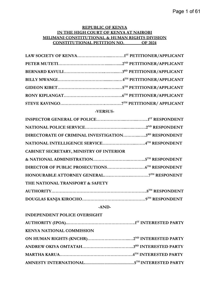 FaithOdhiambo8's tweet photo. The High Court has allowed an application by the @LawSocietyofKe and granted orders in the nature of haveas corpus directing the @NPSOfficial_KE to unconditionally release Peter Muteti, Bernard Kavuli, Billy Mwangi, Gideon Kibet, Rony Kiplangat, and Steve Kavingo. 

The @IG_NPS, in particular, has been ordered to immediately facilitate the compliance with the Court's directive both personally and in his capacity as IG. The Court has emphasised that failure to adhere to the order will invite penal sanctions for contempt of court. We are prepared to exhaustively prosecute such proceedings for contempt, should this order be disregarded by the IG and officers under his command. 

The court has equally ordered the apex leaders of each of the constitutional bodies implicated in the abductions to personally appear at the full hearing of the application to answer to questions raised on the arbitrary infringement of rights sanctioned by themselves or by persons under their command. We reiterate our commitment to ensure these orders are served upon and adhered to by the relevant individuals. 

@DCI_Kenya
@InteriorKE 
@kipmurkomen 
@ODPP_KE 
@AGOfficeKenya 
@ntsa_kenya 
@IG_NPS